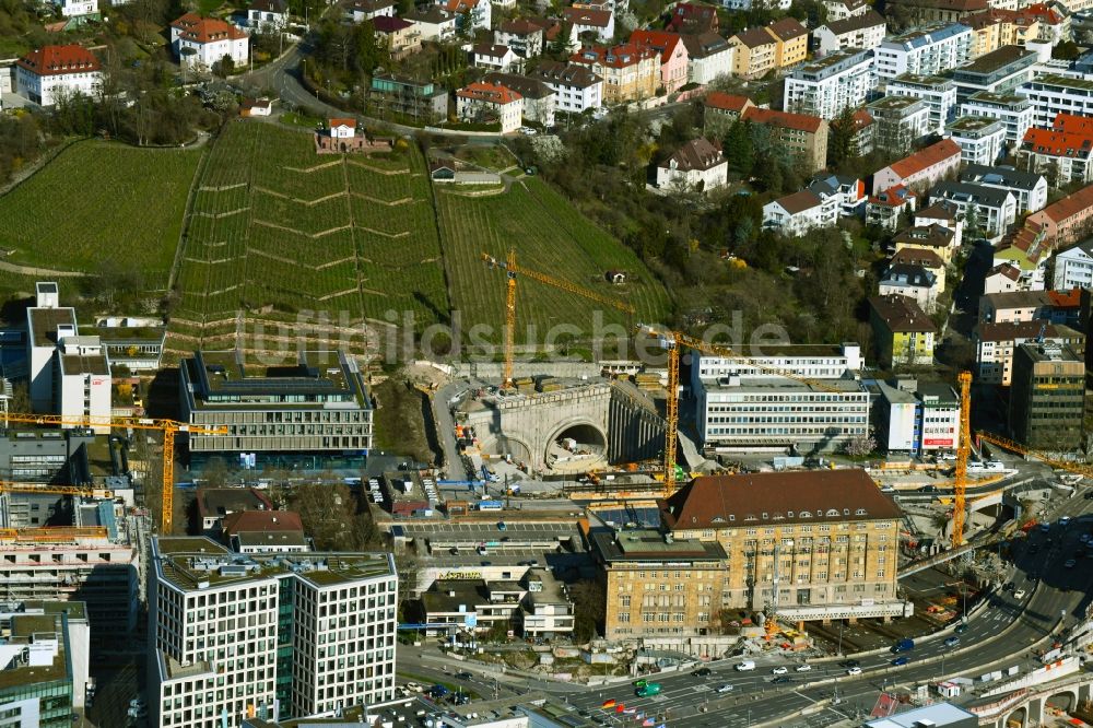 Luftaufnahme Stuttgart - Baustelle mit Tunnelführungsarbeiten für die Streckenführung S21 in Stuttgart im Bundesland Baden-Württemberg, Deutschland