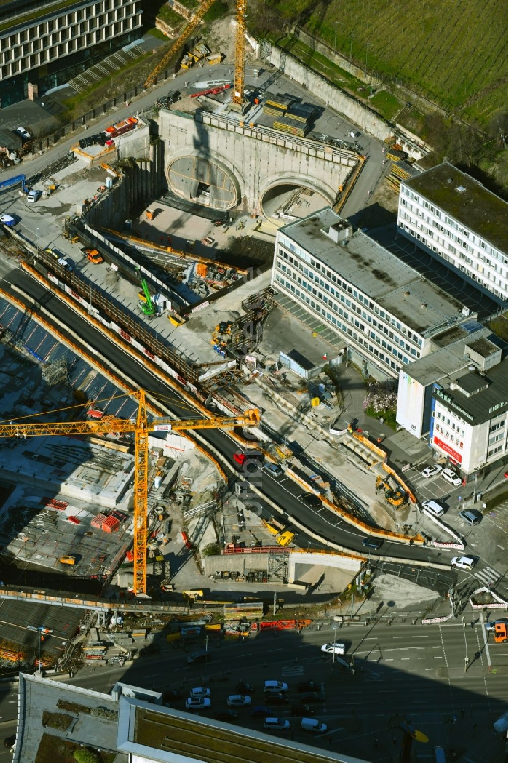 Luftbild Stuttgart - Baustelle mit Tunnelführungsarbeiten für die Streckenführung S21 in Stuttgart im Bundesland Baden-Württemberg, Deutschland