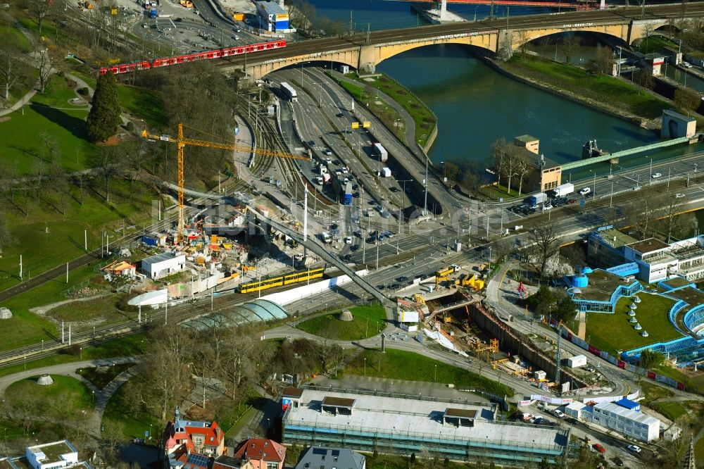 Stuttgart von oben - Baustelle mit Tunnelführungsarbeiten für die Streckenführung und den Verlauf des B10-Rosensteintunnel in Stuttgart im Bundesland Baden-Württemberg, Deutschland