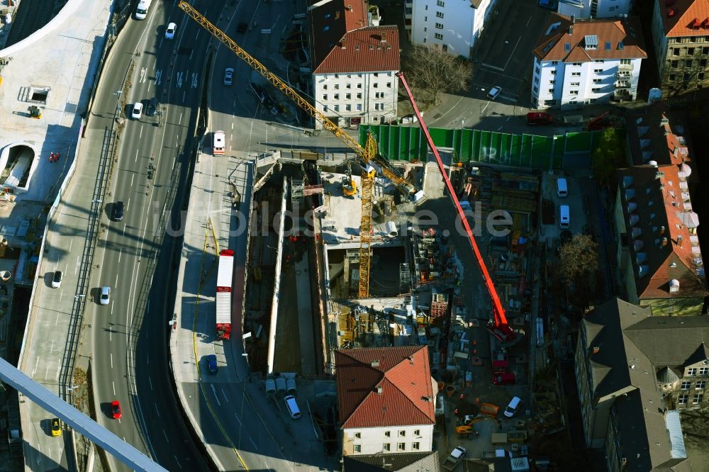 Luftbild Stuttgart - Baustelle mit Tunnelführungsarbeiten für die Streckenführung und den Verlauf S21 an der Willy-Brandt-Straße in Stuttgart im Bundesland Baden-Württemberg, Deutschland