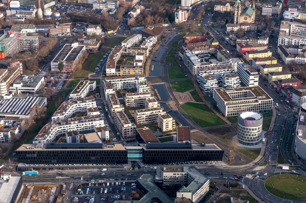 Luftaufnahme Essen - Baustelle der Unternehmenszentrale der Funke Mediengruppe am Berliner Platz in Essen im Bundesland Nordrhein-Westfalen