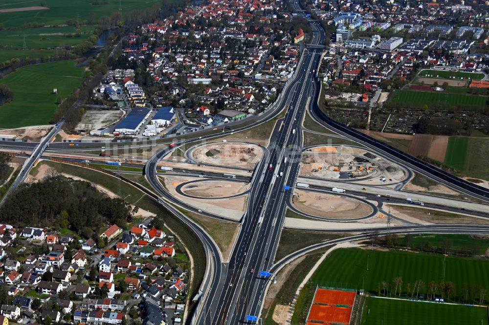 Eltersdorf von oben - Baustelle an der Verkehrsführung am Autobahnkreuz der BAB A73 - A3 in Eltersdorf im Bundesland Bayern, Deutschland