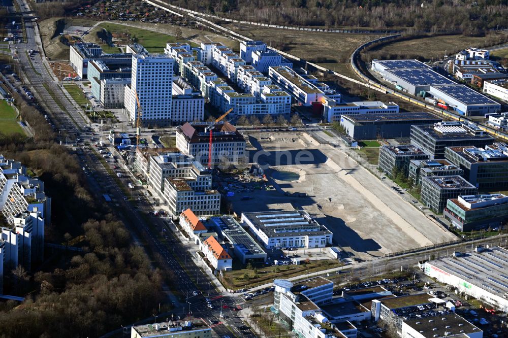 Luftbild München - Baustelle Wohngebiet einer Mehrfamilienhaussiedlung Am Oberwiesenfeld in München im Bundesland Bayern, Deutschland