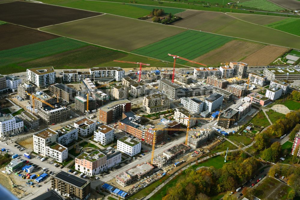 Luftbild München - Baustelle Wohngebiet einer Mehrfamilienhaussiedlung im Ortsteil Freiham in München im Bundesland Bayern, Deutschland