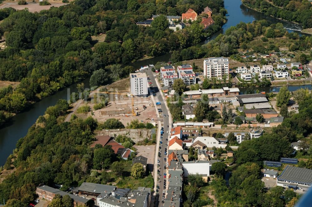 Luftaufnahme Halle (Saale) - Baustelle Wohngebiet einer Mehrfamilienhaussiedlung Sophienhafen in Halle (Saale) im Bundesland Sachsen-Anhalt, Deutschland