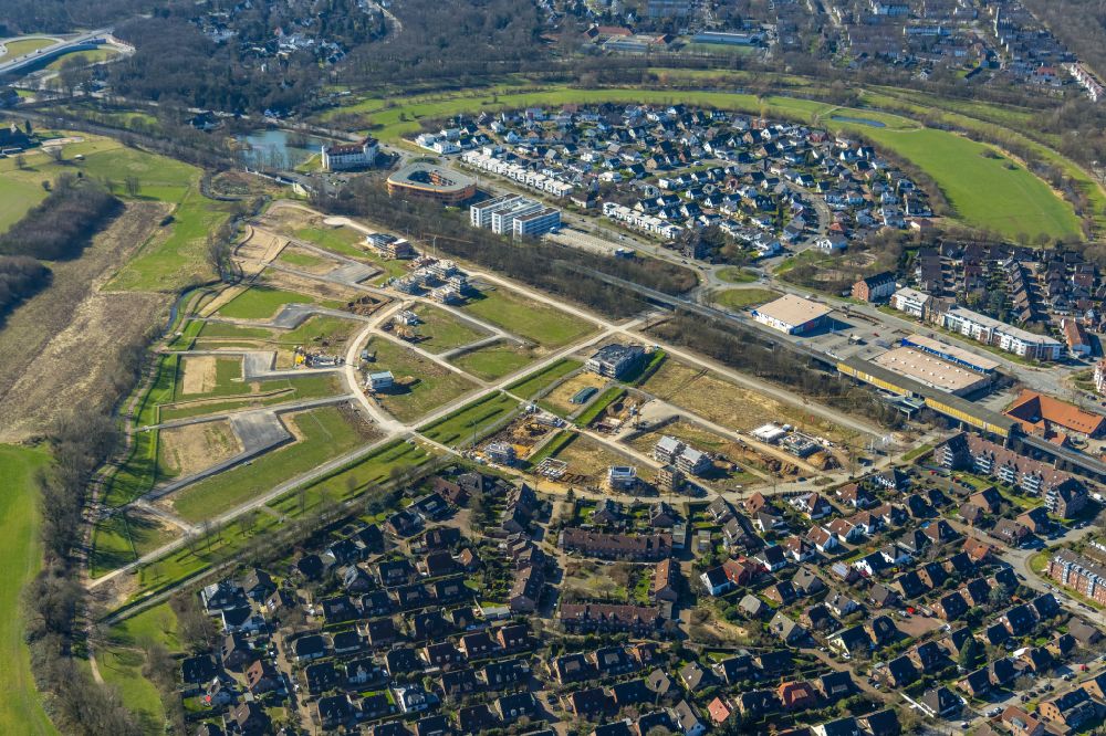 Luftaufnahme Duisburg - Baustelle eines Wohngebiets Am Alten Angerbach in Duisburg im Bundesland Nordrhein-Westfalen, Deutschland