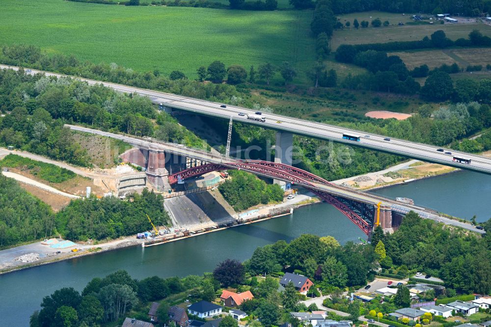 Kiel von oben - Baustelle zum Ersatz- Neubau der Brückenkonstruktion Levensauer Hochbrücke im Ortsteil Ravensberg in Kiel im Bundesland Schleswig-Holstein, Deutschland