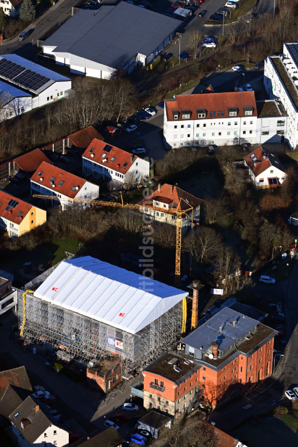 Bayreuth von oben - Baustelle zum Erweiterungs- Neubau der Freiluft- Gaststätte Restaurant zur Sudpfanne in Bayreuth im Bundesland Bayern, Deutschland
