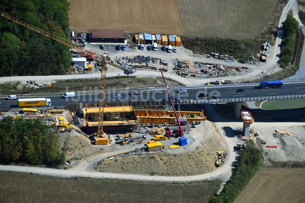 Rimpar aus der Vogelperspektive: Baustelle zum Neubau des Autobahn- Brückenbauwerk der Talbrücke Pleichach in Rimpar im Bundesland Bayern, Deutschland