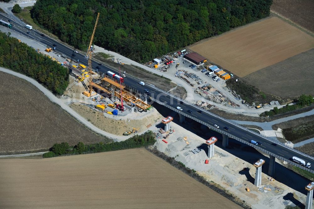 Luftaufnahme Rimpar - Baustelle zum Neubau des Autobahn- Brückenbauwerk der Talbrücke Pleichach in Rimpar im Bundesland Bayern, Deutschland
