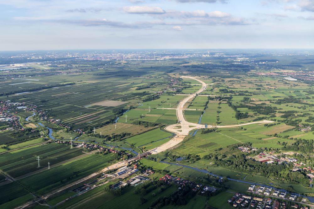 Luftaufnahme Buxtehude - Baustelle zum Neubau am Autobahn- Streckenverlauf der BAB A26 Abfahrt in Buxtehude im Bundesland Niedersachsen, Deutschland