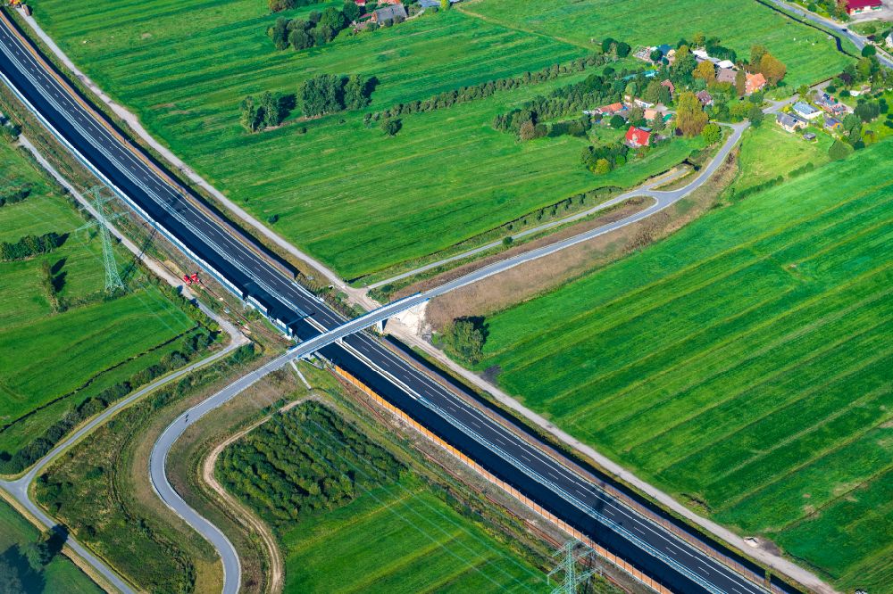 Luftbild Buxtehude - Baustelle zum Neubau am Autobahn- Streckenverlauf der BAB A26 Abfahrt in Buxtehude Rübke im Bundesland Niedersachsen, Deutschland