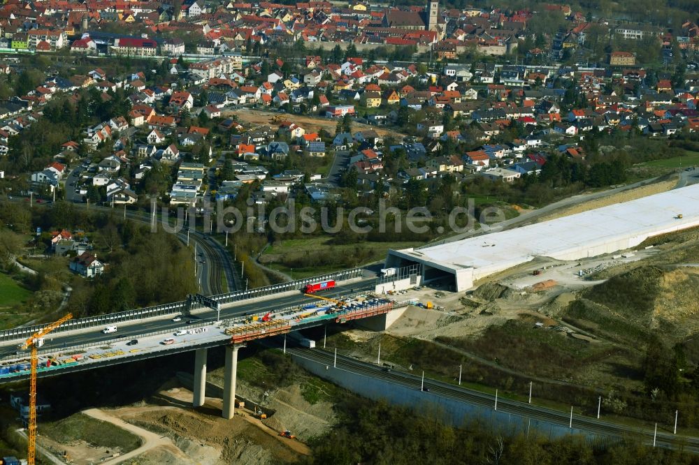 Luftaufnahme Würzburg - Baustelle zum Neubau der Autobahn- Trasse der Talbrücke Heidingsfeld entlang der BAB3 im Ortsteil Heidingsfeld in Würzburg im Bundesland Bayern, Deutschland