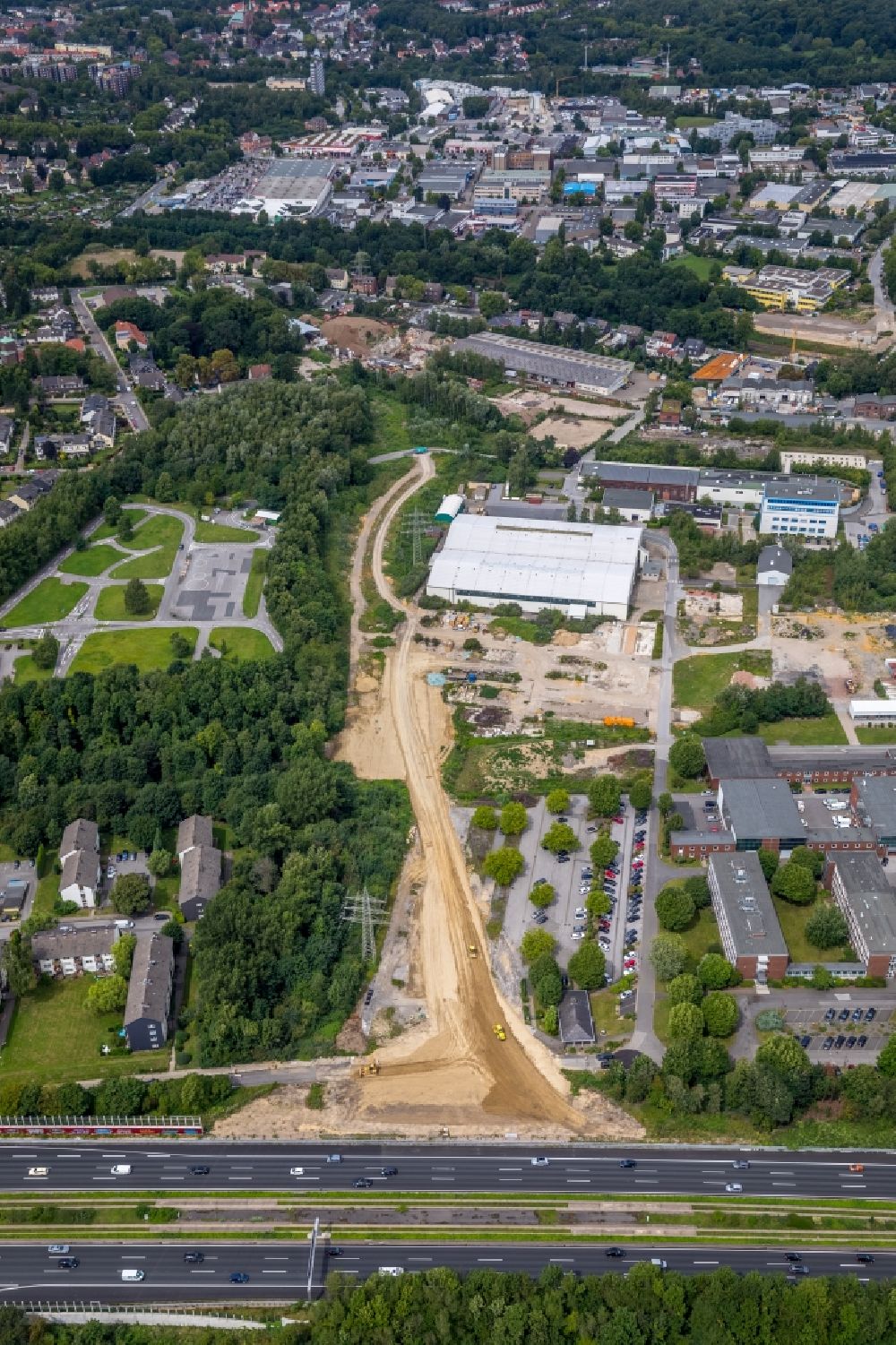 Essen aus der Vogelperspektive: Baustelle zum Neubau der Autobahnauffahrt an der BAB 40 in Frillendorf in Essen im Bundesland Nordrhein-Westfalen, Deutschland