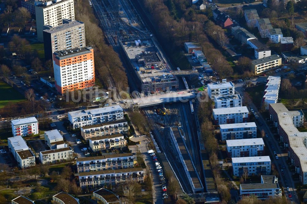 Luftbild Hamburg - Baustelle zum Neubau einer U-Bahn-Betriebswerkstatt der Hamburger Hochbahn AG im Ortsteil Horn in Hamburg, Deutschland