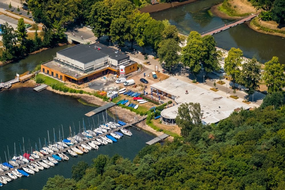 Haltern am See von oben - Baustelle zum Neubau der Bootshausgesellschaft Strandallee GmbH & CO. KG an der Stadtmühlenbucht am Ufer des Mühlenbach in Haltern am See im Bundesland Nordrhein-Westfalen, Deutschland