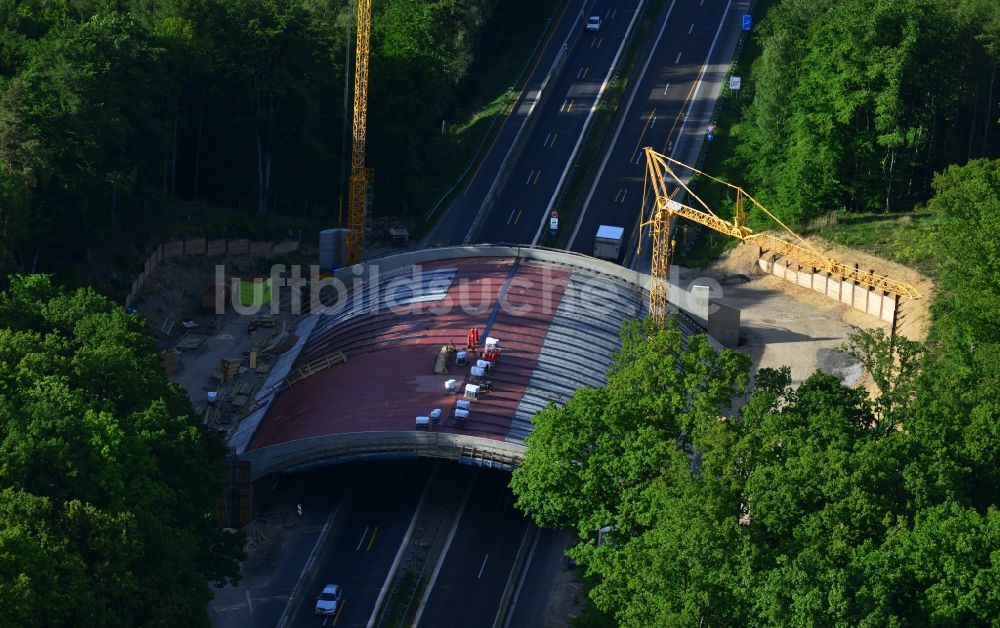 Warnitz von oben - Baustelle zum Neubau eines Brückenbauwerkes über die BAB Autobahn A11 am Abzweig in Warnitz in der Uckermark im Bundesland Brandenburg