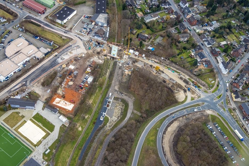 Luftaufnahme Oberhausen - Baustelle zum Neubau der Brückenkonstruktion über den Hauptkanal in Oberhausen im Bundesland Nordrhein-Westfalen, Deutschland