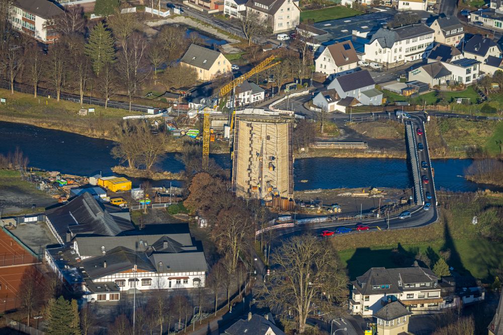 Luftbild Oeventrop - Baustelle zum Neubau der Brückenkonstruktion Dinscheder Brücke über die Ruhr in Oeventrop im Bundesland Nordrhein-Westfalen, Deutschland