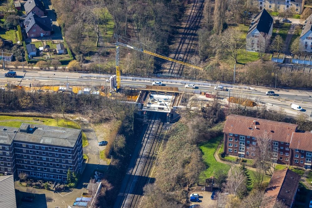 Luftaufnahme Gelsenkirchen - Baustelle zum Neubau der Brückenkonstruktion an der Turfstraße in Gelsenkirchen im Bundesland Nordrhein-Westfalen, Deutschland