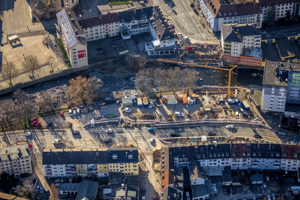 Luftbild Hagen - Baustelle zum Neubau der Brückenkonstruktion Volme Brücke in Hagen im Bundesland Nordrhein-Westfalen, Deutschland