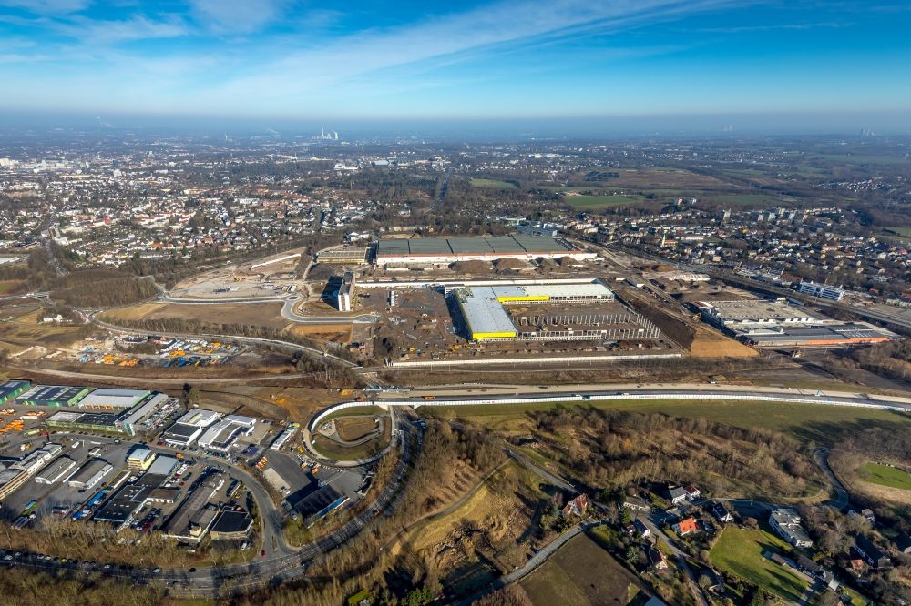 Bochum aus der Vogelperspektive: Baustelle zum Neubau eines DHL- Hub- Gebäudekomplexes auf dem Gelände des Logistikzentrums im Entwicklungsgebiet MARK 51°7 in Bochum im Bundesland Nordrhein-Westfalen, Deutschland