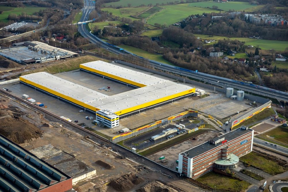 Luftaufnahme Bochum - Baustelle zum Neubau eines DHL- Hub- Gebäudekomplexes auf dem Gelände des Logistikzentrums im Entwicklungsgebiet MARK 51°7 in Bochum im Bundesland Nordrhein-Westfalen, Deutschland