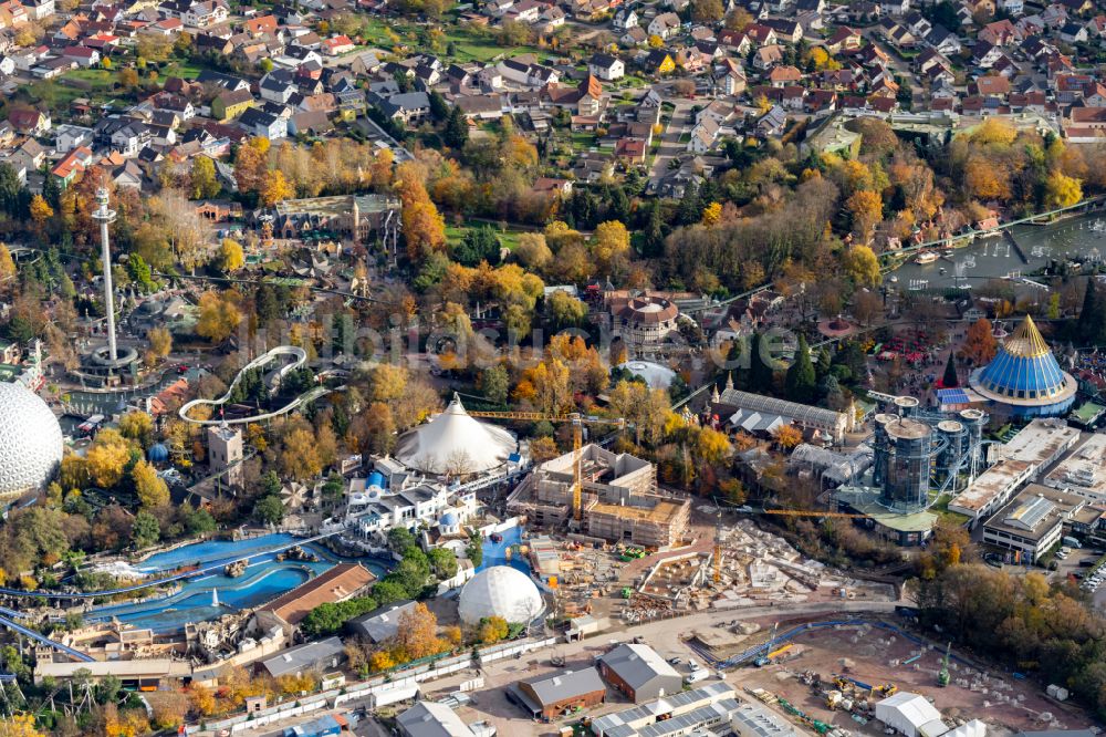 Luftbild Rust - Baustelle zum Neubau eines Event Stadtteil Balkan im Europa-Park Freizeitpark in Rust im Bundesland Baden-Württemberg, Deutschland
