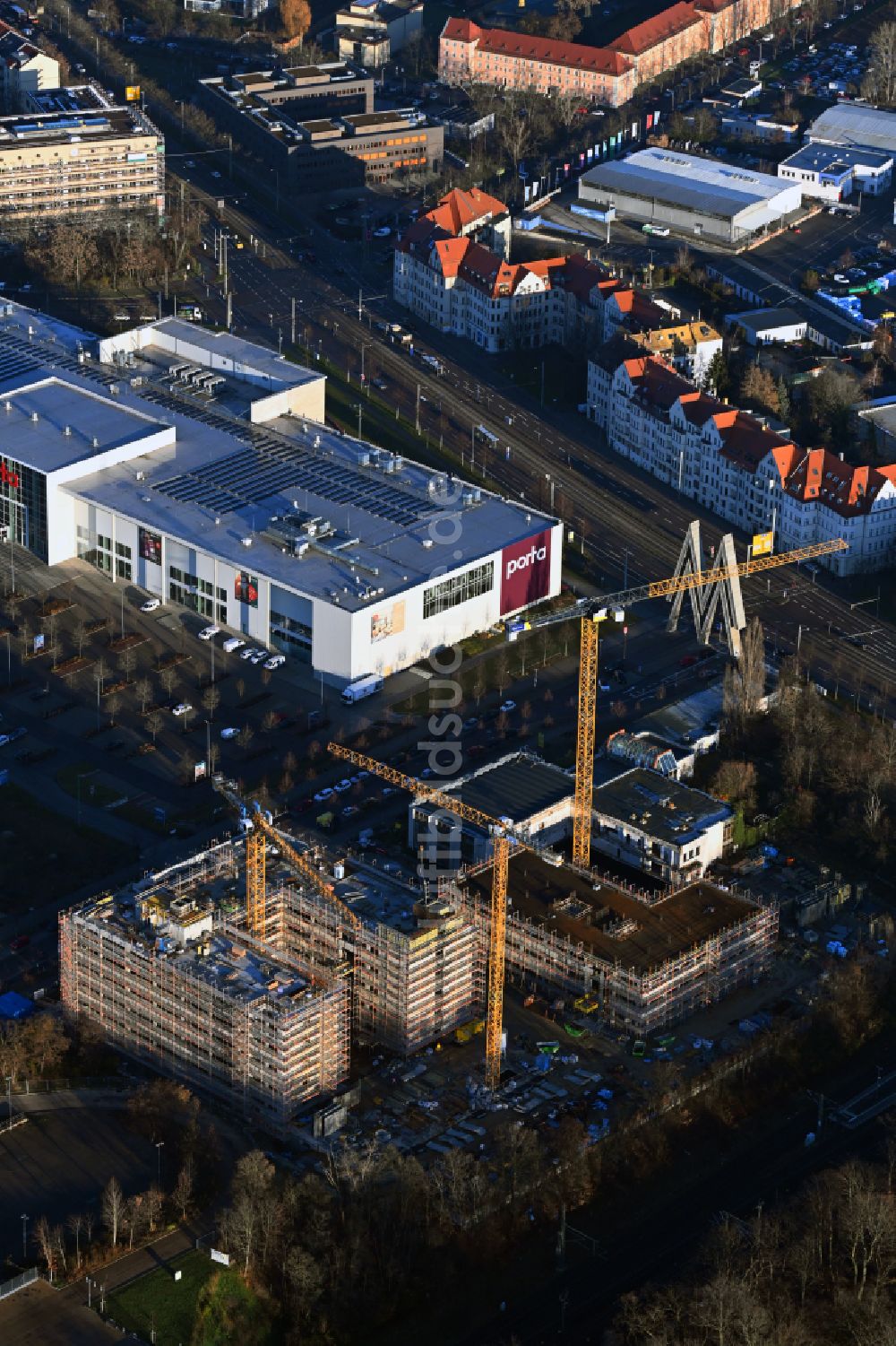 Leipzig von oben - Baustelle zum Neubau eines Forschungs- Gebäudes und Bürokomplex BioSquare Leipzig in Leipzig im Bundesland Sachsen, Deutschland
