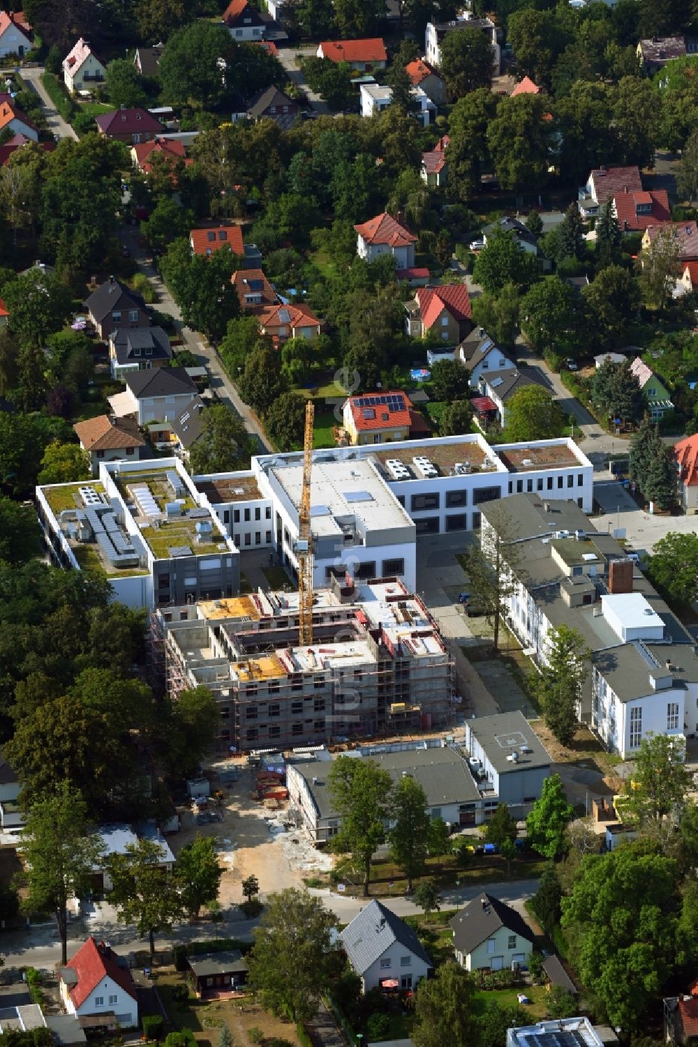 Luftaufnahme Teltow - Baustelle zum Neubau eines Forschungs- Gebäudes und Bürokomplex SEE:LAB in Teltow im Bundesland Brandenburg, Deutschland