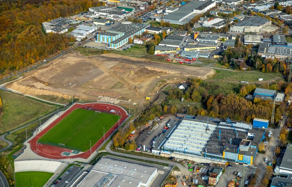 Luftaufnahme Velbert - Baustelle zum Neubau eines Fußballstadion an der Industriestraße in Velbert im Bundesland Nordrhein-Westfalen, Deutschland