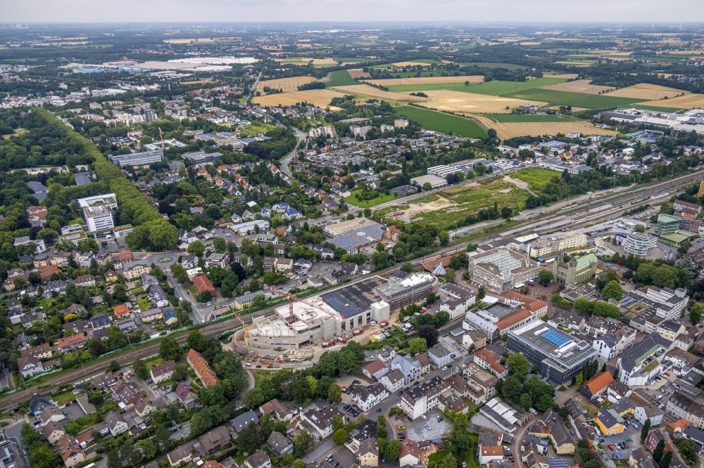 Unna von oben - Baustelle zum Neubau des Gebäudekomplexes des Einkaufszentrum im Ortsteil Alte Heide in Unna im Bundesland Nordrhein-Westfalen, Deutschland