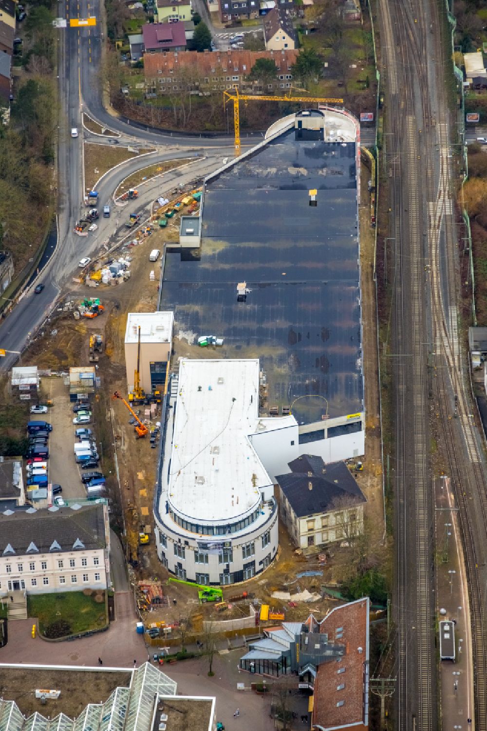 Unna von oben - Baustelle zum Neubau des Gebäudekomplexes des Einkaufszentrum im Ortsteil Alte Heide in Unna im Bundesland Nordrhein-Westfalen, Deutschland