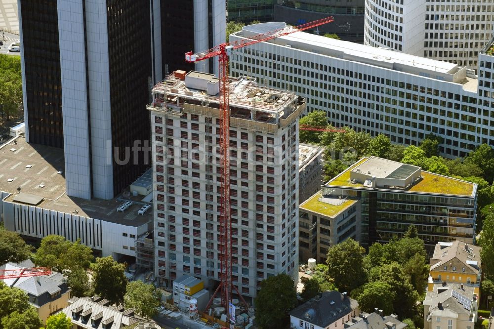 Frankfurt am Main aus der Vogelperspektive: Baustelle zum Neubau des Hochhaus- Gebäudekomplexes Blue Horizon in Frankfurt am Main im Bundesland Hessen, Deutschland