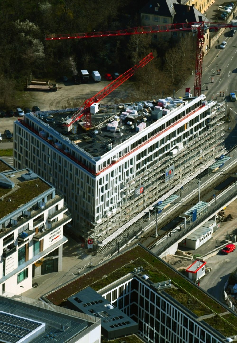 Luftaufnahme Stuttgart - Baustelle zum Neubau der Hotelanlage Budapester Platz Ecke Wolframstraße im Ortsteil Europaviertel in Stuttgart im Bundesland Baden-Württemberg, Deutschland
