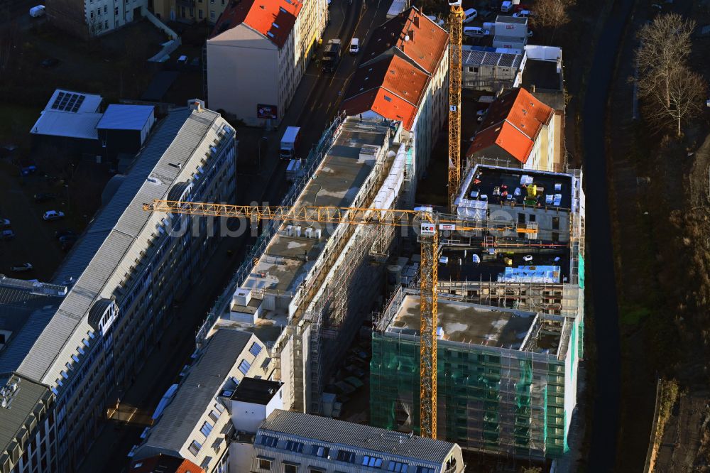 Leipzig aus der Vogelperspektive: Baustelle zum Neubau der Hotelanlage Hotel und Co-Living in Leipzig im Bundesland Sachsen, Deutschland
