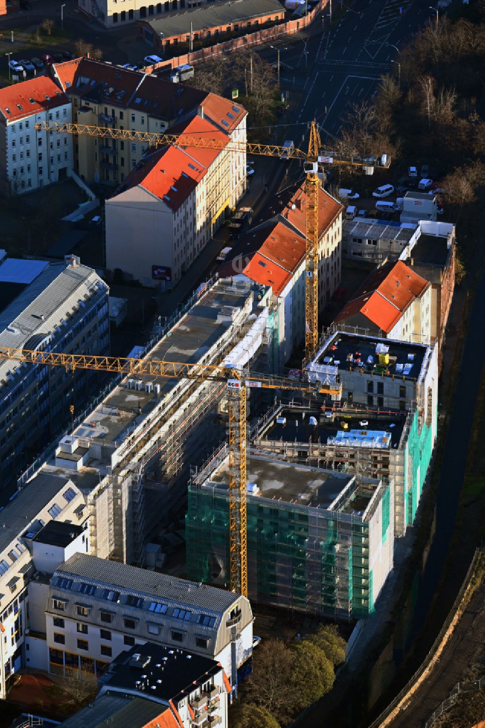 Luftaufnahme Leipzig - Baustelle zum Neubau der Hotelanlage Hotel und Co-Living in Leipzig im Bundesland Sachsen, Deutschland