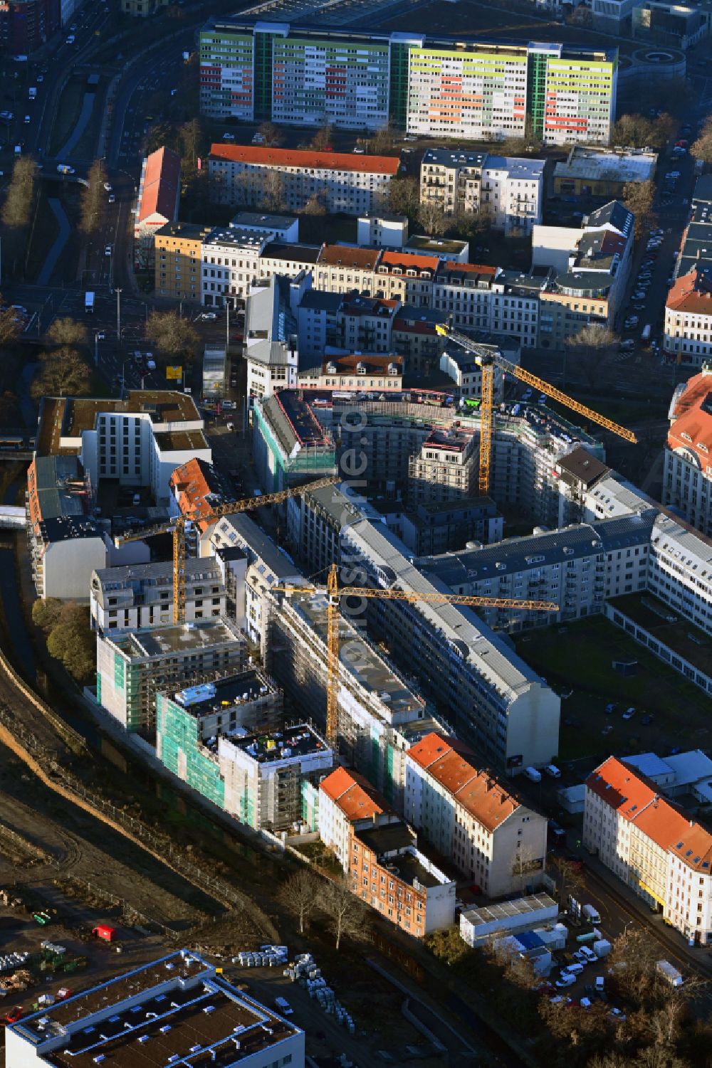 Luftaufnahme Leipzig - Baustelle zum Neubau der Hotelanlage Hotel und Co-Living in Leipzig im Bundesland Sachsen, Deutschland