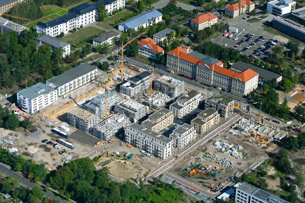 Luftbild Dresden - Baustelle zum Neubau einer Mehrfamilienhaus-Wohnanlage Alberstadt-Ost im Ortsteil Albertstadt in Dresden im Bundesland Sachsen, Deutschland