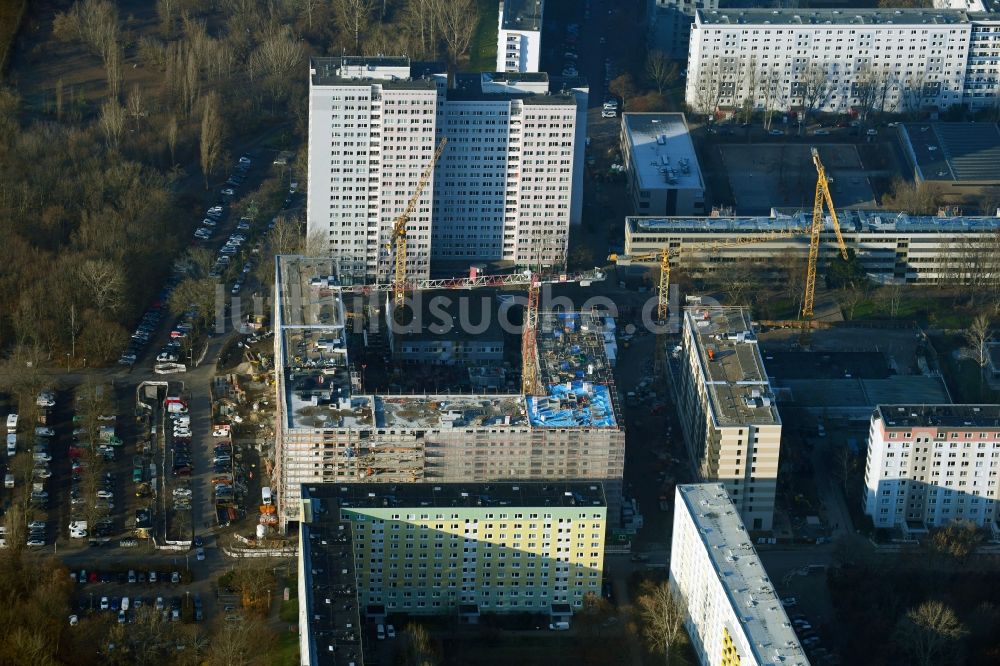 Berlin aus der Vogelperspektive: Baustelle zum Neubau einer Mehrfamilienhaus-Wohnanlage Dolgensee-Center Lichtenberg in Berlin, Deutschland