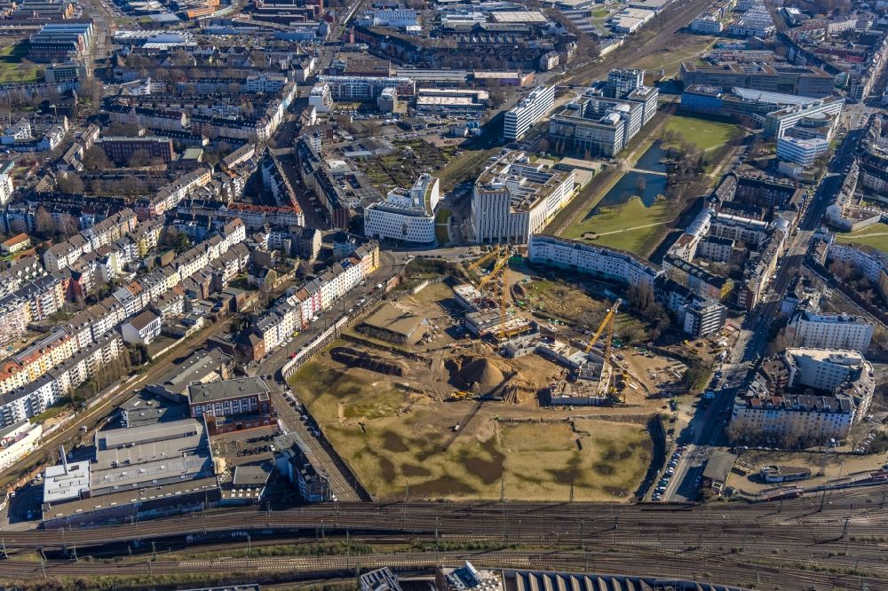 Luftbild Düsseldorf - Baustelle zum Neubau einer Mehrfamilienhaus-Wohnanlage Grand Central im Ortsteil Oberbilk in Düsseldorf im Bundesland Nordrhein-Westfalen, Deutschland