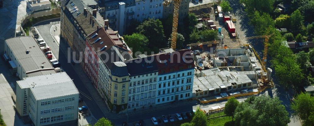 Luftbild Dresden - Baustelle zum Neubau einer Mehrfamilienhaus-Wohnanlage Hafenstraße - Uferstraße im Ortsteil Neustadt in Dresden im Bundesland Sachsen, Deutschland