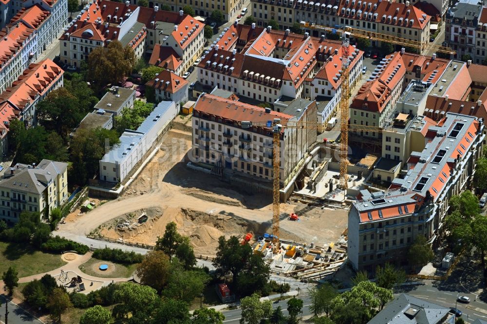 Dresden aus der Vogelperspektive: Baustelle zum Neubau einer Mehrfamilienhaus-Wohnanlage Königshöfe in Dresden im Bundesland Sachsen, Deutschland