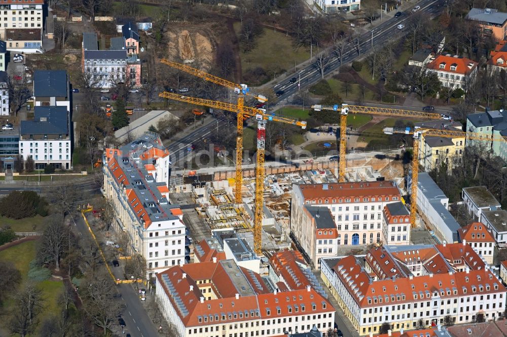 Dresden von oben - Baustelle zum Neubau einer Mehrfamilienhaus-Wohnanlage Königshöfe im Ortsteil Innere Neustadt in Dresden im Bundesland Sachsen, Deutschland
