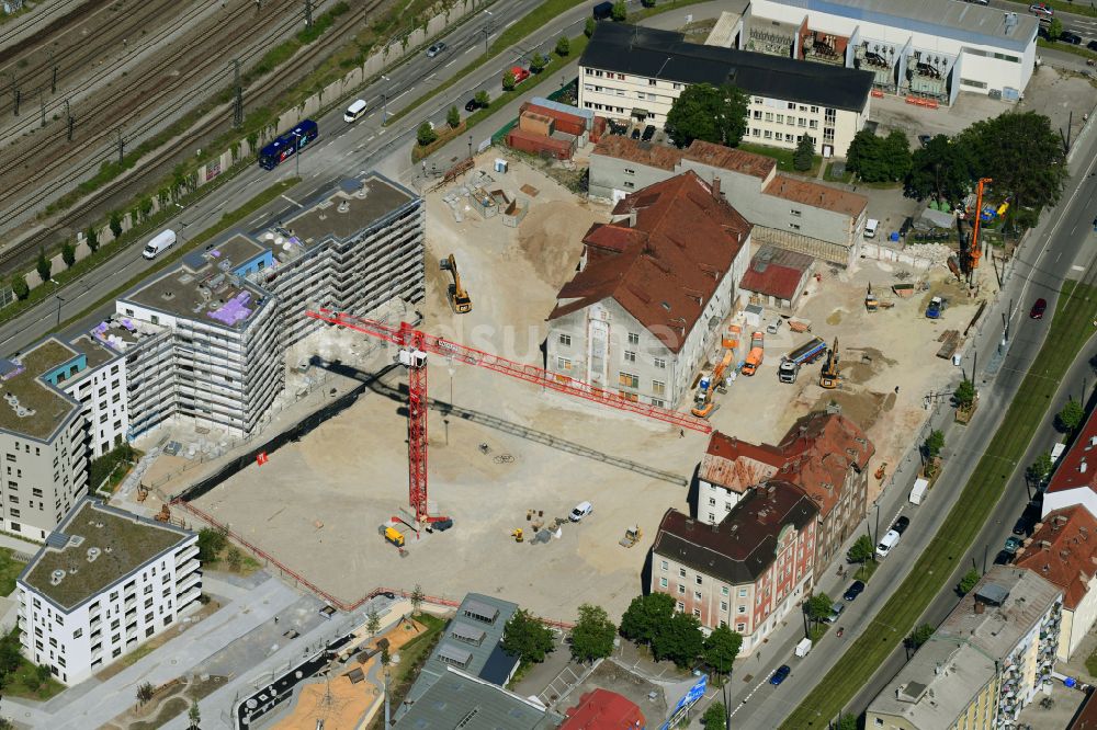 Luftbild München - Baustelle zum Neubau einer Mehrfamilienhaus-Wohnanlage Kuvertfabrik im Ortsteil Pasing-Obermenzing in München im Bundesland Bayern, Deutschland