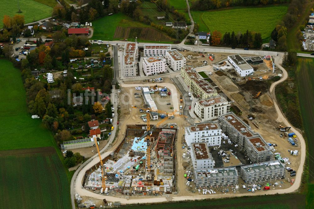 Luftaufnahme München - Baustelle zum Neubau einer Mehrfamilienhaus-Wohnanlage meinraum in München im Bundesland Bayern, Deutschland