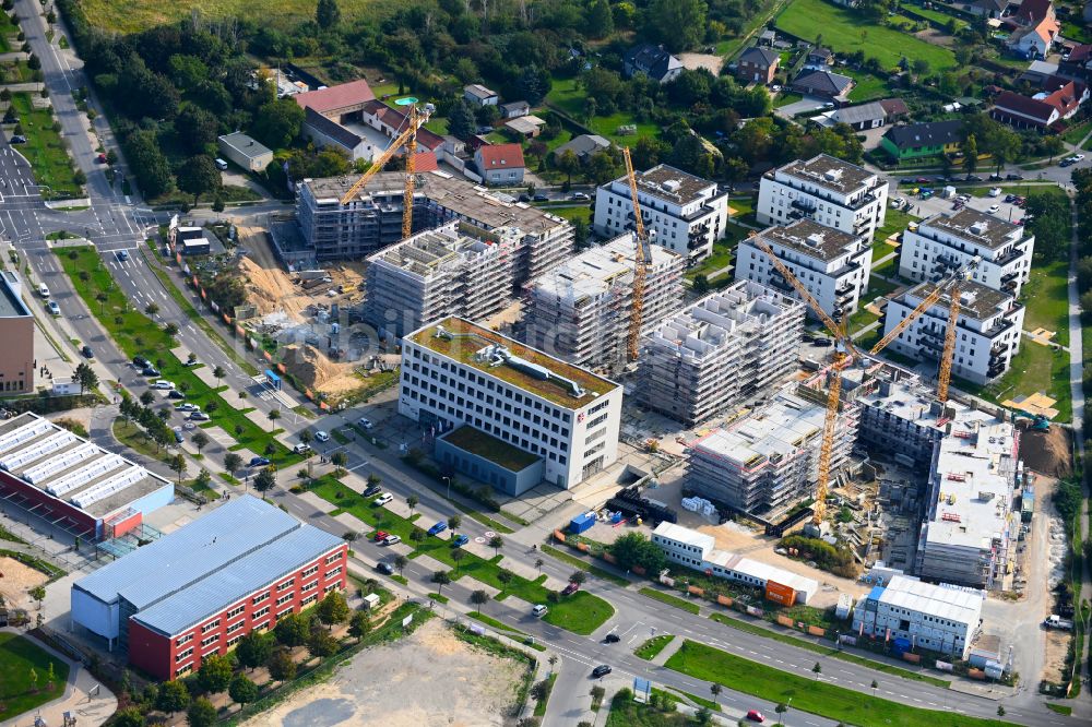 Schönefeld von oben - Baustelle zum Neubau einer Mehrfamilienhaus-Wohnanlage Neue Mitte in Schönefeld im Bundesland Brandenburg, Deutschland