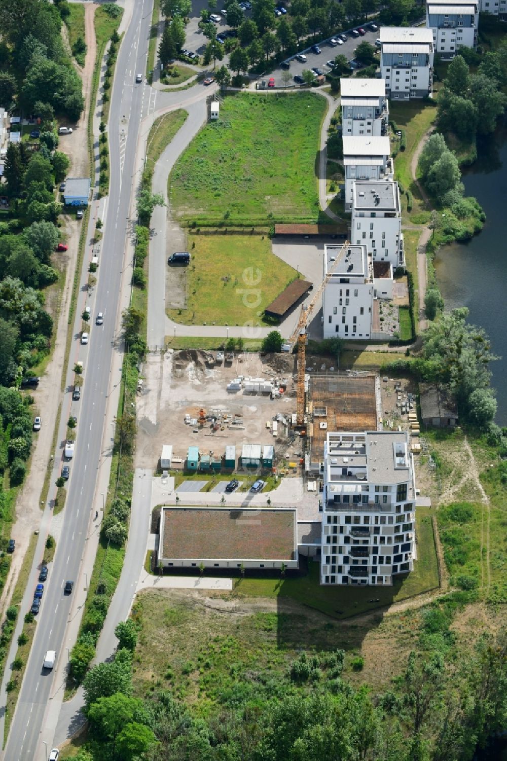 Luftbild Schwerin - Baustelle zum Neubau einer Mehrfamilienhaus-Wohnanlage Nordhafenquartier in Schwerin im Bundesland Mecklenburg-Vorpommern, Deutschland