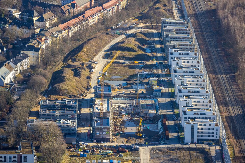 Dortmund von oben - Baustelle zum Neubau einer Mehrfamilienhaus- Wohnanlage des Projekts Kronprinzenviertel Am Wasserturm - Heiliger Weg in Dortmund im Bundesland Nordrhein-Westfalen, Deutschland