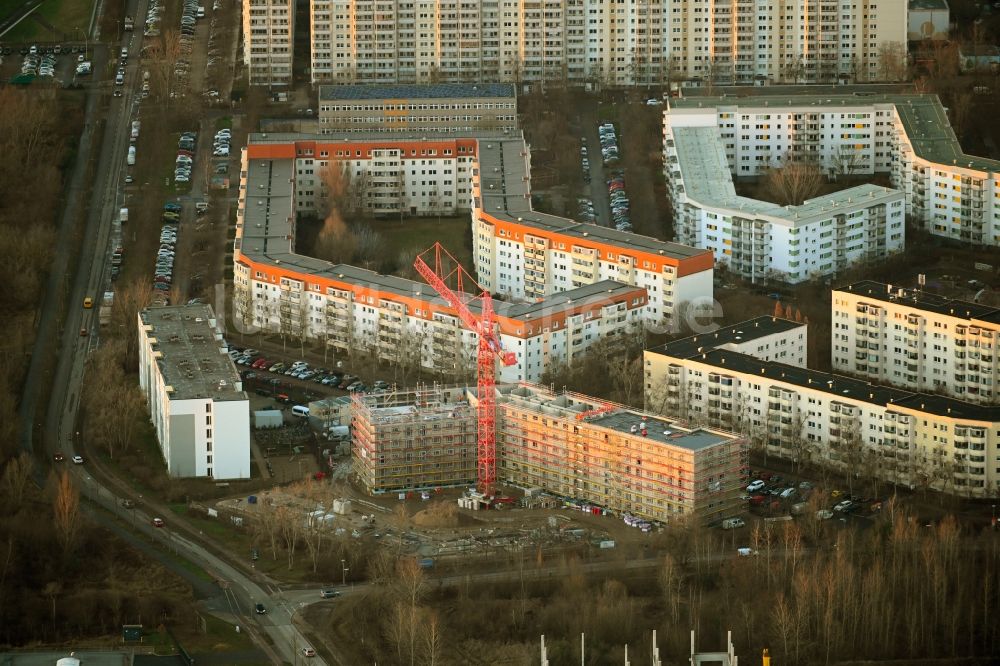 Luftaufnahme Berlin - Baustelle zum Neubau einer Mehrfamilienhaus-Wohnanlage an der Seehausener Straße Ecke Pablo-Picasso-Straße in Berlin, Deutschland
